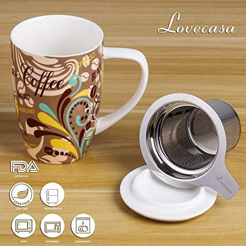 LOVECASA Taza de Te Porcelana Mug Infusión con Filtro y Tapa, Color Café 450 ML