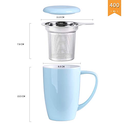 LOVECASA Tazas de Té con Tapa y Filtro Acero inoxidable 450 ML, Taza Tisana de Porcelana Azul Claro