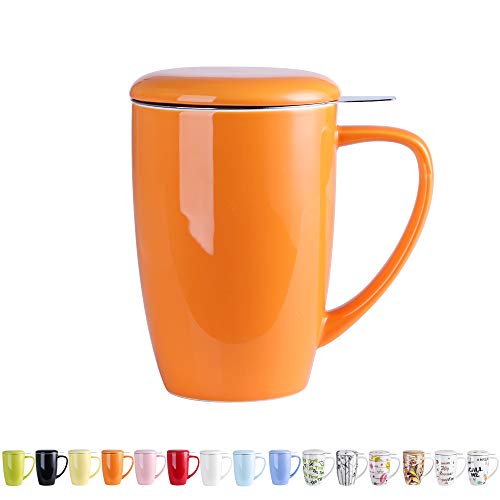 LOVECASA Tazas de Té con Tapa y Filtro Acero inoxidable 450 ML, Taza Tisana de Porcelana Naranja