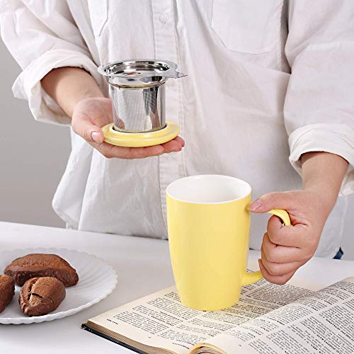 LOVECASA Tazas de Té con Tapa y Filtro Acero inoxidable 450 ML, Tisana de Porcelana Amarillo
