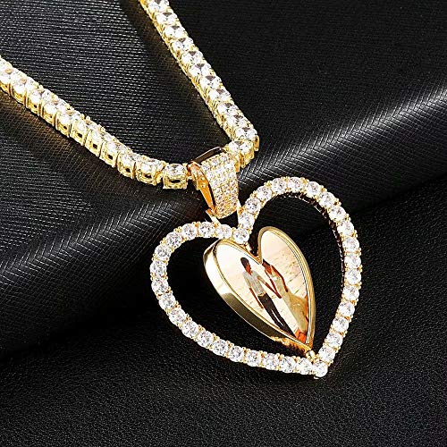 LuBHnna Hip Hop Doble Foto Lateral Personalizada en Forma de corazón Colgante Collar Giratorio Marco de Fotos Colgante Helado Hip Hop Rapero Collar para Hombres