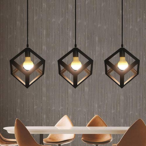 Luz de techo de cubo industrial, lampara techo de metal, lamparas de techo geométricas vintage, luz colgante cuadrada de diseño de cubo de color negro, 220V, bombilla E27 no incluida