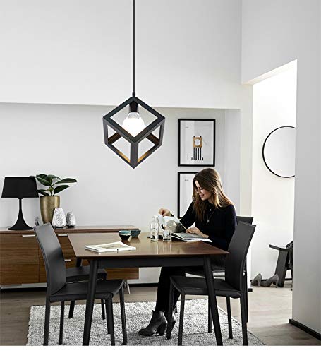 Luz de techo de cubo industrial, lampara techo de metal, lamparas de techo geométricas vintage, luz colgante cuadrada de diseño de cubo de color negro, 220V, bombilla E27 no incluida