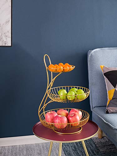 LYCIL 3-Nivel Cesta De Fruta Alambre Metálico Stand Holder para Kitchen Counter,Encimera Frutero Vegetal Soporte para Tartas Decorativo Canasta De Frutas Golden