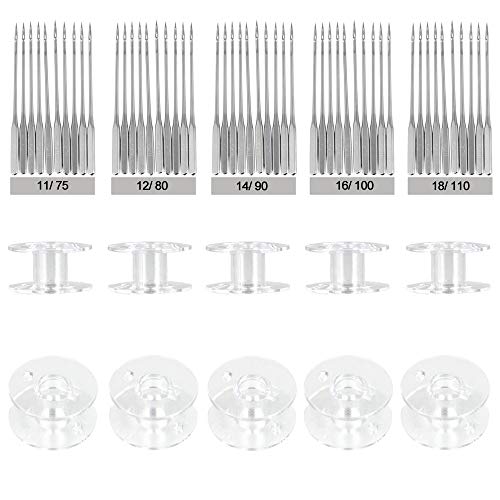 LYTIVAGEN 50Pcs Agujas para Máquina de Coser de Hogar, Agujas Costura de Metal Plateada11/12/14/16/18 con Bolsa de Agujas y 10 Pcs Hilo de Bobina de Máquina de Coser con Caja Plástico Transparente