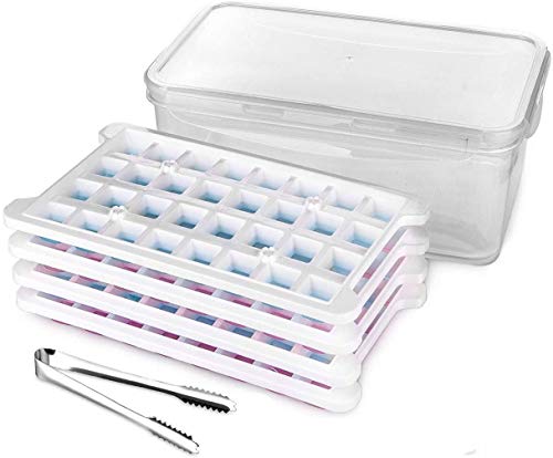 Mafiti Cubitera de Hielo Silicona, 4 Pack con Tapa, Molde de 32 Cubitos Cuadrados Flexible facil de extraer, para Enfriar Bebidas, Whisky y Cócteles, Helados