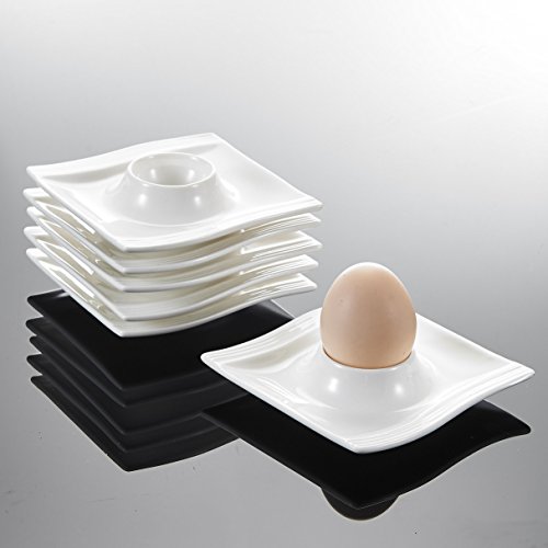MALACASA Flora Series, Juego de Hueveras 6 pc 4.5" Hueveras Sostenedor Huevos Soporte de Porcelana Placas (11,5 * 11,5 * 2,5 cm) Marfil Blanco