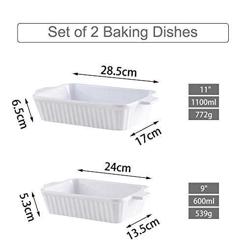 MALACASA Serie Bake.Bake, Bandejas para Hornear Moldes para Horno 2 pcs (11"/ 9"), Rectángulo Platos de Porcelana con Asas Ideal para Lasaña/Pastel/Cazuela/Tapas, Blanco