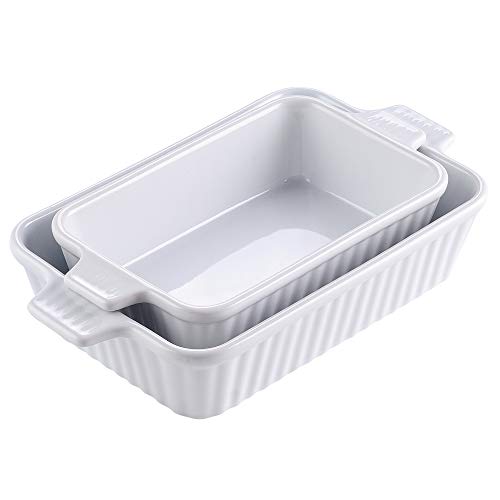 MALACASA Serie Bake.Bake, Bandejas para Hornear Moldes para Horno 2 pcs (11"/ 9"), Rectángulo Platos de Porcelana con Asas Ideal para Lasaña/Pastel/Cazuela/Tapas, Blanco