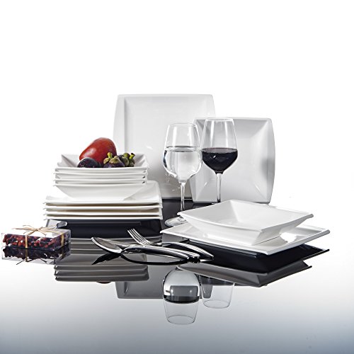 MALACASA, Serie Blance, Vajillas de Porcelana,Juegos de Platos 24 Piezas, 12 Platos Hondos, 12 Platos llanos Vajillas para 12 Personas Blanco