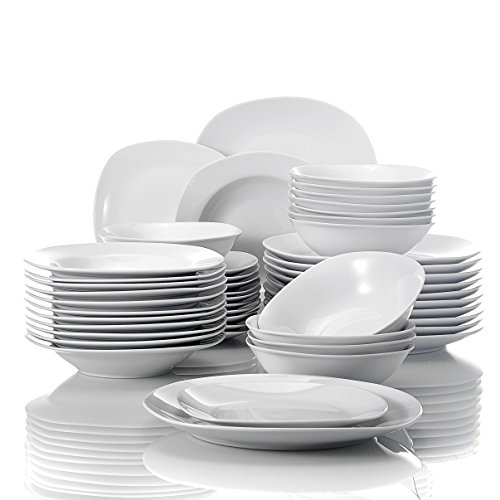 MALACASA, serie Elisa, 48 piezas Juegos de Vajillas de Porcelana, 12 Platos de Postre, 12 Platos de Sopa, 12 Platos planos y 12 Cuencos de Cereales Vajillas para 12 Personas