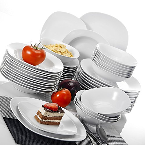 MALACASA, serie Elisa, 48 piezas Juegos de Vajillas de Porcelana, 12 Platos de Postre, 12 Platos de Sopa, 12 Platos planos y 12 Cuencos de Cereales Vajillas para 12 Personas