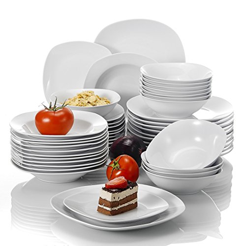 MALACASA, serie Elisa, 48 piezas Juegos de Vajillas de Porcelana, 12 Platos de Postre, 12 Platos de Sopa, 12 Platos planos y 12 Cuencos de Cereales Vajillas para 12 Personas