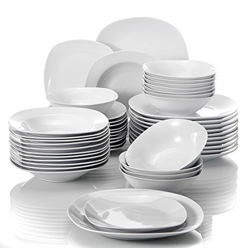 MALACASA, serie Elisa, 48 piezas Juegos de Vajillas de Porcelana, 12 Platos de Postre, 12 Platos de Sopa, 12 Platos planos y 12 Cuencos de Cereales Vajillas para 12 Personas