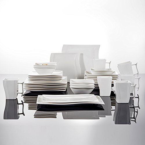 MALACASA, serie Flora, 32 Piezas Crema Blanco Porcelana Vajilla Set Vajilla Vajilla con por 6 cuencos, 6 Platos de Postre, 6 Platos Hondos, 6 Platos Llanos, 6 Tazas, 2 Cuadrada Placas
