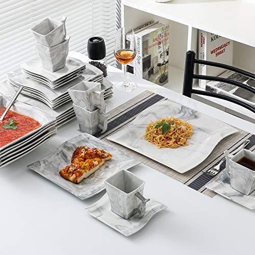 MALACASA, Serie Flora, Vajilla de Porcelana, 30 pcs, con 6 Tazas, 6 Platillos, 6 Platos Llanos, 6 Platos de Postre, 6 Platos de Hondos, para 6 Personas Diseño con Patrón de Mármol Gris