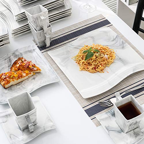 MALACASA, Serie Flora, Vajilla de Porcelana, 30 pcs, con 6 Tazas, 6 Platillos, 6 Platos Llanos, 6 Platos de Postre, 6 Platos de Hondos, para 6 Personas Diseño con Patrón de Mármol Gris