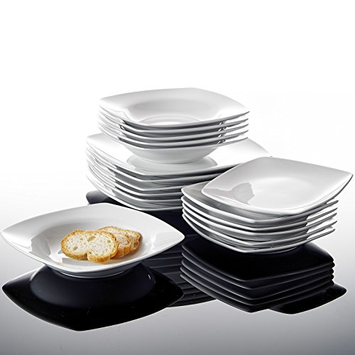 MALACASA, Serie Julia, 18 Piezas Vajilla de Porcelana con 6 Platos de Postre, 6 Platos Hondos y 6 Platos Llanos vajilla completa para 6 persona