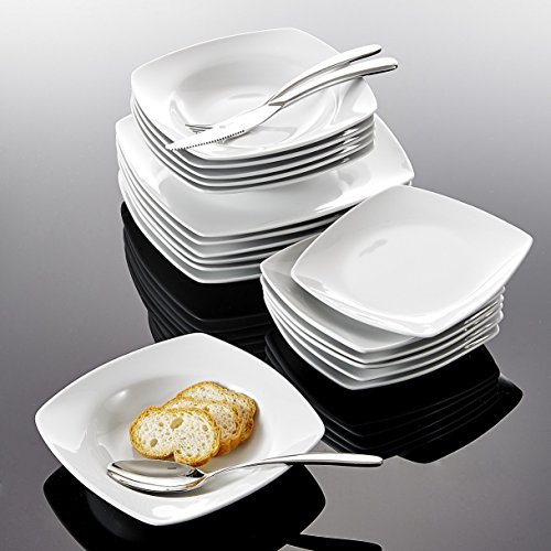MALACASA, Serie Julia, 18 Piezas Vajilla de Porcelana con 6 Platos de Postre, 6 Platos Hondos y 6 Platos Llanos vajilla completa para 6 persona