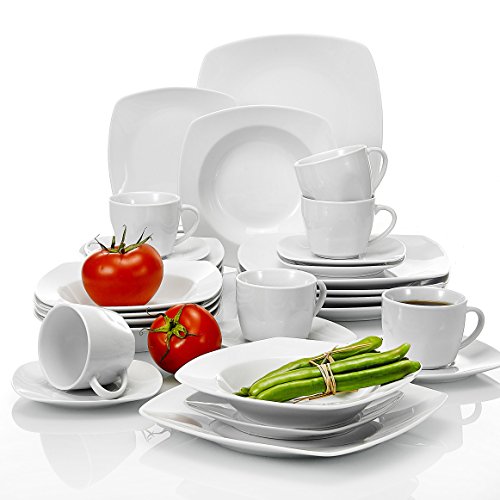 MALACASA, Serie Julia, 30 Piezas Juegos de Vajillas de Porcelana con 6 Tazas de café, 6 Platillos, 6 Platos de Postre, 6 Platos Hondos y 6 Platos Planos Vajillas para 6 Personas