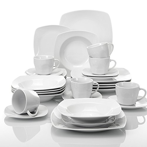 MALACASA, Serie Julia, 30 Piezas Juegos de Vajillas de Porcelana con 6 Tazas de café, 6 Platillos, 6 Platos de Postre, 6 Platos Hondos y 6 Platos Planos Vajillas para 6 Personas