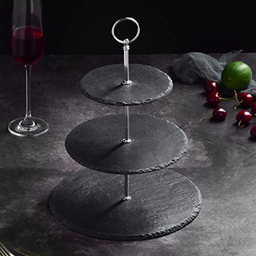 MALACASA serie sweet. time, Soporte para Tartas/Torta/Dulces, 3 niveles (6" 8" 10") Natural Slate con Asa de Plata