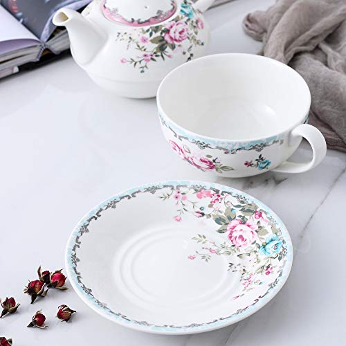 MALACASA, Serie Sweet.Time, 4 Piezas Juego de Té de Porcelana Tetera y Taza y Platillo de Tambien es Cafetera Regalo