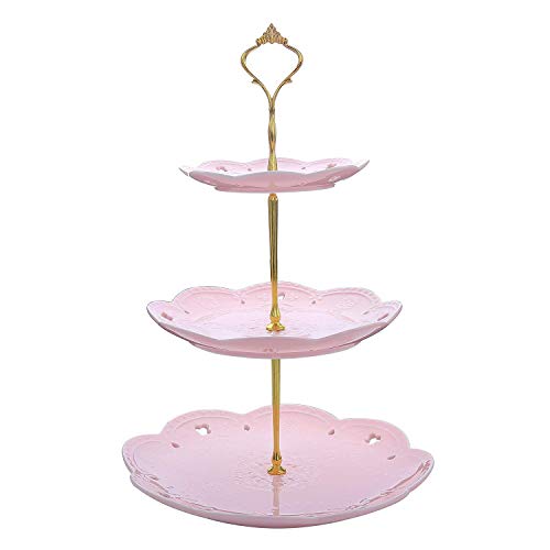 MALACASA, serie Sweet.Time, Soporte de Porcelana para Tartas (3 pisos), Color Rosa Bandejas para Tartas (6" 8" 10")