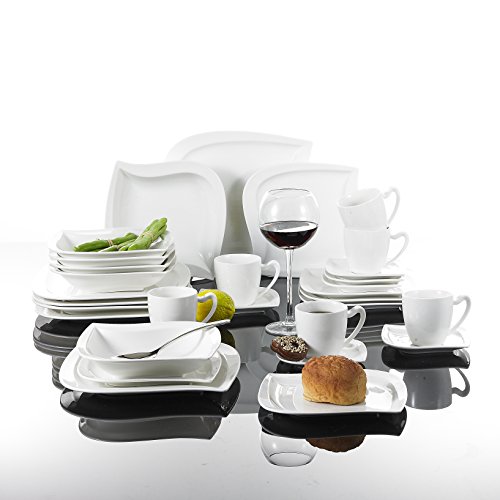 MALACASA, Series Elvira, Vajillas de Porcelana, 60 Piezas, Juego de Café, con 12 Tazas, 12 Platos Llanos, 12 Platos, 12 Platos de Postre, 12 Platos de Hondos, para 12 Personas Color Blanco