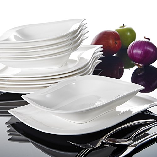 MALACASA, Series Elvira, Vajillas de Porcelana, 60 Piezas, Juego de Café, con 12 Tazas, 12 Platos Llanos, 12 Platos, 12 Platos de Postre, 12 Platos de Hondos, para 12 Personas Color Blanco