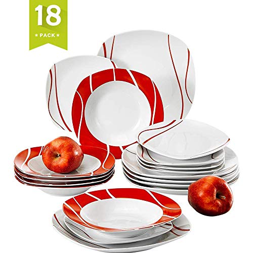 MALACASA, Series Felisa,18 Piezas Juegos de vajilla de Porcelana 6 Platos de Postre 6 Platos de Sopa y 6 Platos de Cena vajilla para 6 Persona