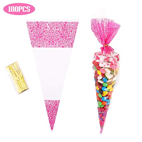 Malayas 100PCS Bolsas de Cono Transparentes Bolsas de Celofán para Dulces Caramelos Galletas Regalos Boda Fiestas Cumpleaños Incluye Lazos 38×19 cm