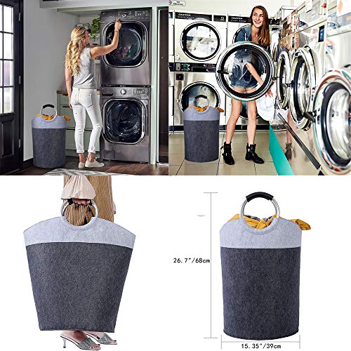MANGATA cesto para Ropa Sucia Plegable, cesto para Ropa Sucia Grande con asa de Fieltro, 68 x Ø 39 cm (80L), Gris