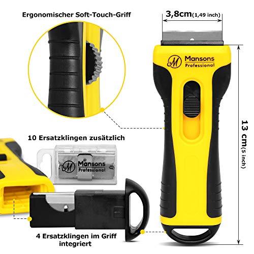 Mansons Rasqueta vitroceramica - Rascador de Vidrio y vitrocerámica - Raspador Especial para Vitro-Cerámicas y Placas de Inducción- con 15 Piezas Acero Cuchillas (Amarillo)