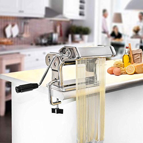 Máquina para hacer pasta Cortador de fideos 304 Acero inoxidable Manualmente Pasta Roller Machine Cutter (Plata)