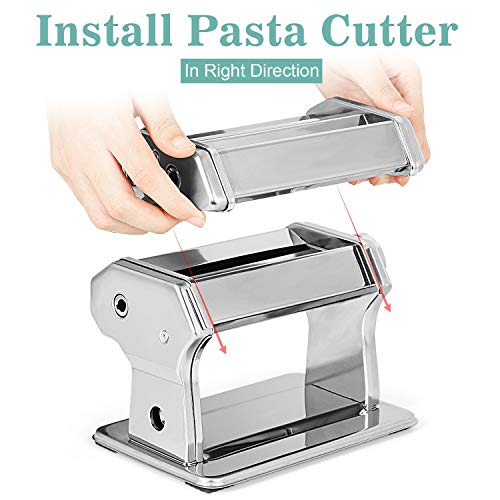 Máquinas de pasta manuales, 410 máquinas de corte de acero inoxidable, rodillos de superficie lavables con mango de curva manual, máquinas de pasta de espesor ajustable, 2 cuchillos (plateado)