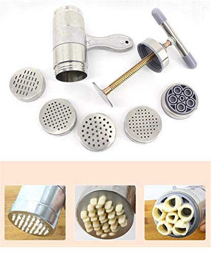 Máquinas para Pasta Manuales, MKNZONE Máquina de Pasta de Acero Inoxidable Prensador para Pasta Fresca con 5 Moldes, Para Fideos Caseros, Tagliatelle, Lasaña, Espaguetis, Verduras Fruta Exprimidor#1