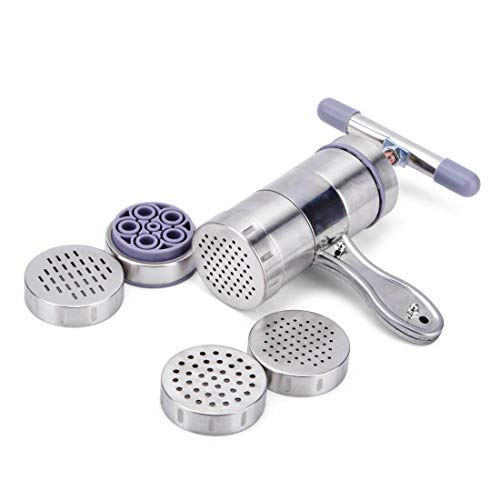 Máquinas para Pasta Manuales, MKNZONE Máquina de Pasta de Acero Inoxidable Prensador para Pasta Fresca con 5 Moldes, Para Fideos Caseros, Tagliatelle, Lasaña, Espaguetis, Verduras Fruta Exprimidor#1
