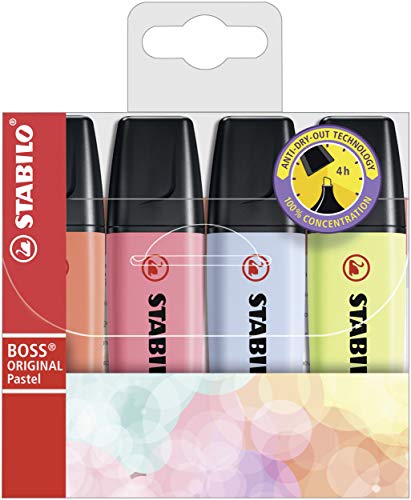 Marcador STABILO BOSS ORIGINAL Pastel - Estuche con 4 colores pastel, rojo coral, rosa cerezo, azul nube, lima, 4er Pack