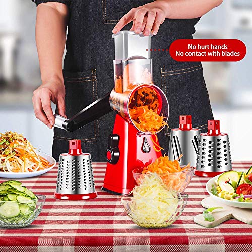 Masthome Rallador de Queso Manual 3 en 1 Cortador de Verdura Rallador de Tambor Rotativo con 3 Tambores de Acero Inoxidable Cortador de Queso