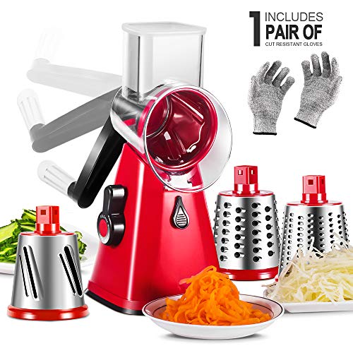 Masthome Rallador de Queso Manual 3 en 1 Cortador de Verdura Rallador de Tambor Rotativo con 3 Tambores de Acero Inoxidable Cortador de Queso