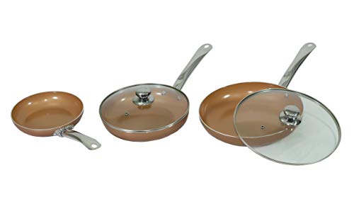 MAXELLPOWER Juego DE 3 SARTENES 2 Tapas Color Cobre Copper Pan Apto para Horno Mango Acero