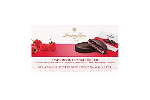 mazapán de pasteles con relleno y revestimiento de chocolate Anton Berg – Frambuesa en Naranjas licor (8 unidades. /220 g) Danés spezialität