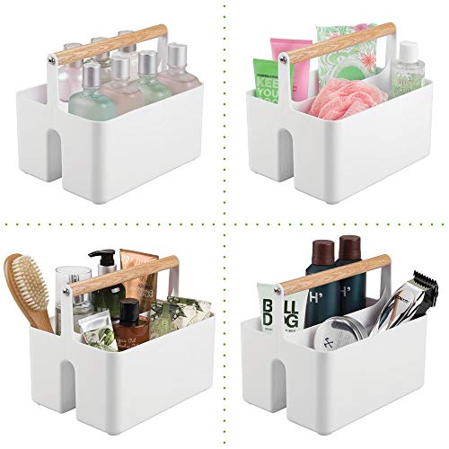 mDesign Cajas organizadoras para baño – Cajas de plástico con asas de madera para el almacenamiento de productos cosméticos – Organizador de baño con dos compartimentos – blanco/color roble