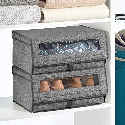 mDesign Juego de 8 Cajas para Zapatos de Tela – Cajas apilables con Ventana, Cierre de Velcro y Tapa abatible – Cajas organizadoras para armarios o estantes – Gris Oscuro
