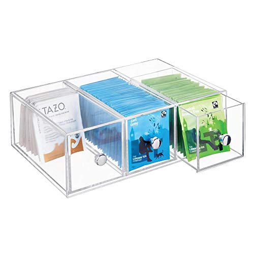 mDesign Minicajonera con 3 cajones de plástico – Perfecta como caja para infusiones y bolsitas de té – Pequeño mueble cajonera para té, sacarina, azucarillos, sal, etc. – transparente