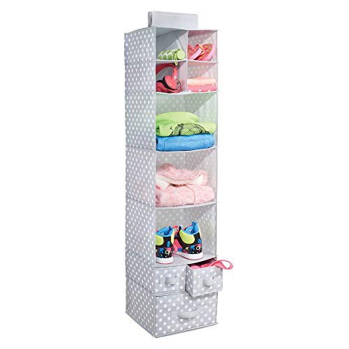 mDesign Organizador Colgante con 7 estantes y 3 cajones – Armario Perchero de Tela con Estampado de Puntos – Colgador para Zapatos Ideal para el Pasillo y el Dormitorio – Gris/Blanco