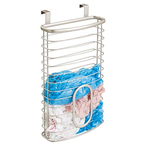 mDesign Organizador de bolsas plásticas para la puerta – Caja organizadora para cocina en metal – Práctico dispensador de bolsas colgante para bolsas de congelador y de residuos – plateado mate