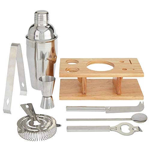 mDesign Set de coctelería de 8 Piezas – Vaso Mezclador y Accesorios de Acero con Base de bambú – Coctelera para Mezclar Bebidas y cócteles – Plateado