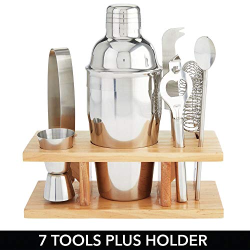 mDesign Set de coctelería de 8 Piezas – Vaso Mezclador y Accesorios de Acero con Base de bambú – Coctelera para Mezclar Bebidas y cócteles – Plateado